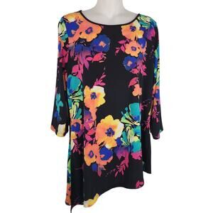 Susan Graver Womens Printed Liquid Knit Asymmetrical Hem Tunic Black M A265002